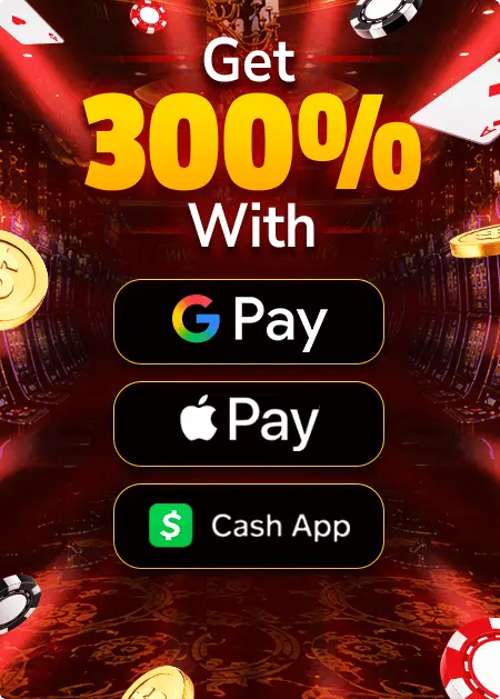 Promotional banner advertising a 300% casino bonus for deposits made with Google Pay, Apple Pay, or Cash App, set against a luxury casino background with poker chips and playing cards