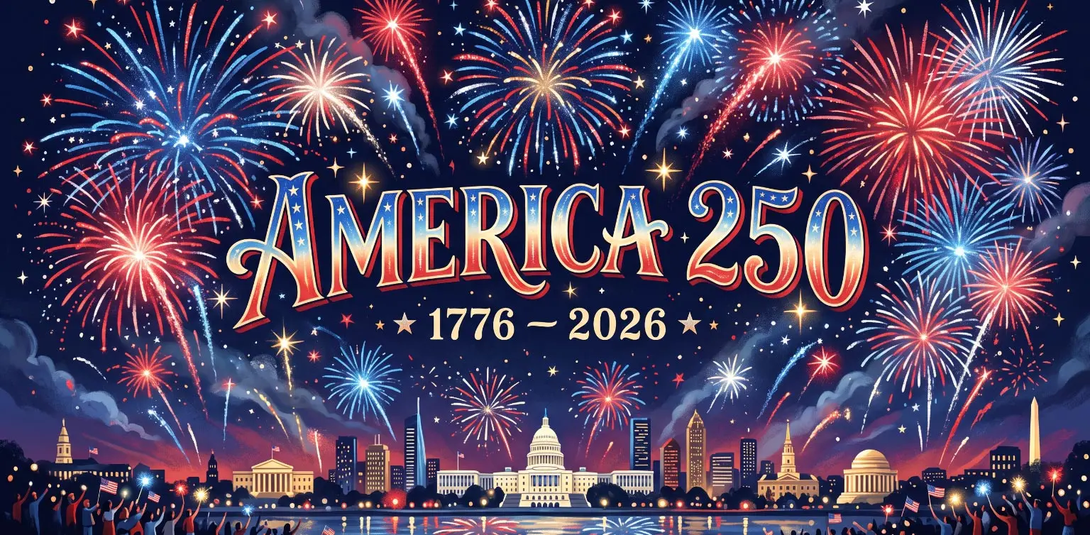 An illustration of "America 250, 1776 - 2026" text with red, white and blue fireworks on a dark navy background