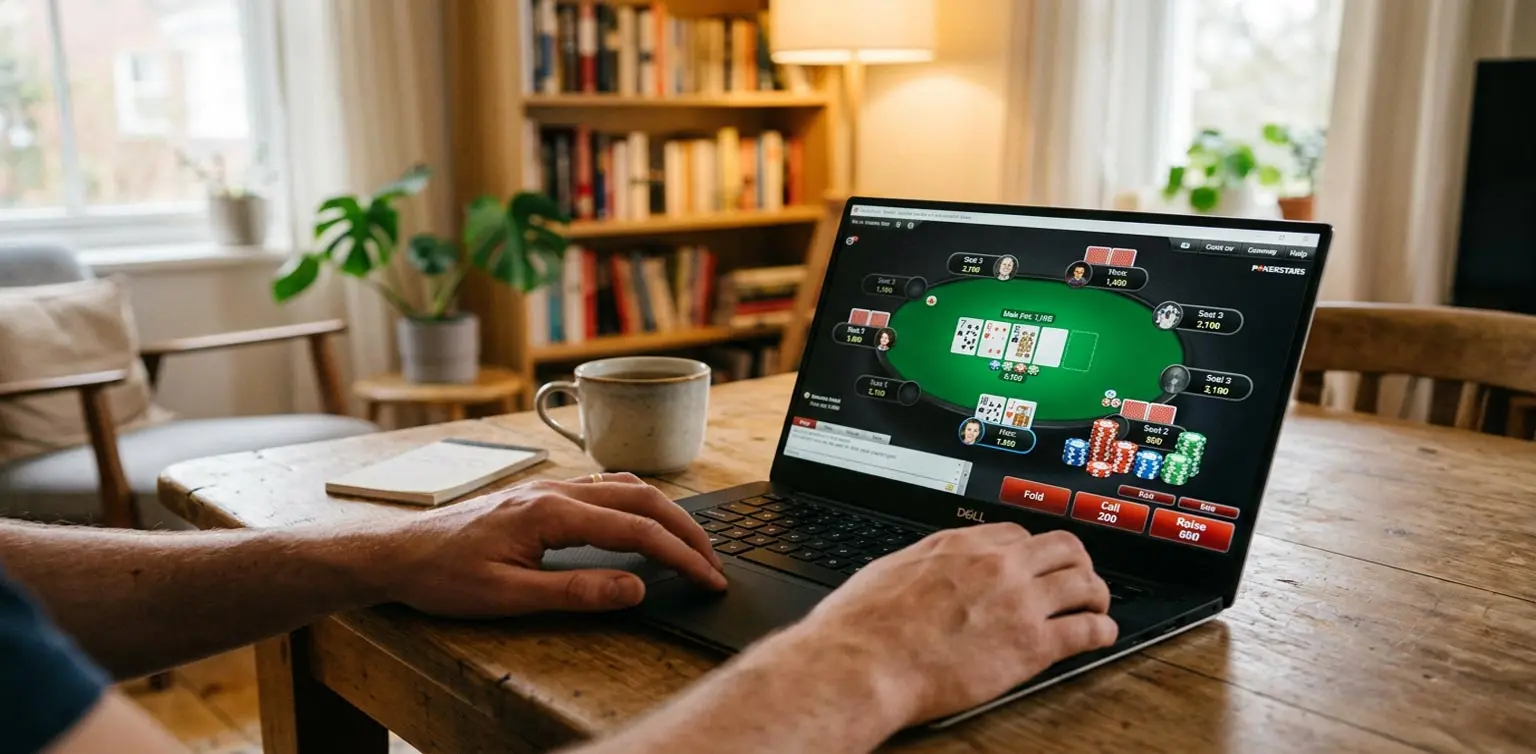 A photograph of hands using a laptop displaying an online poker screen with cards and chips on a blurred home background