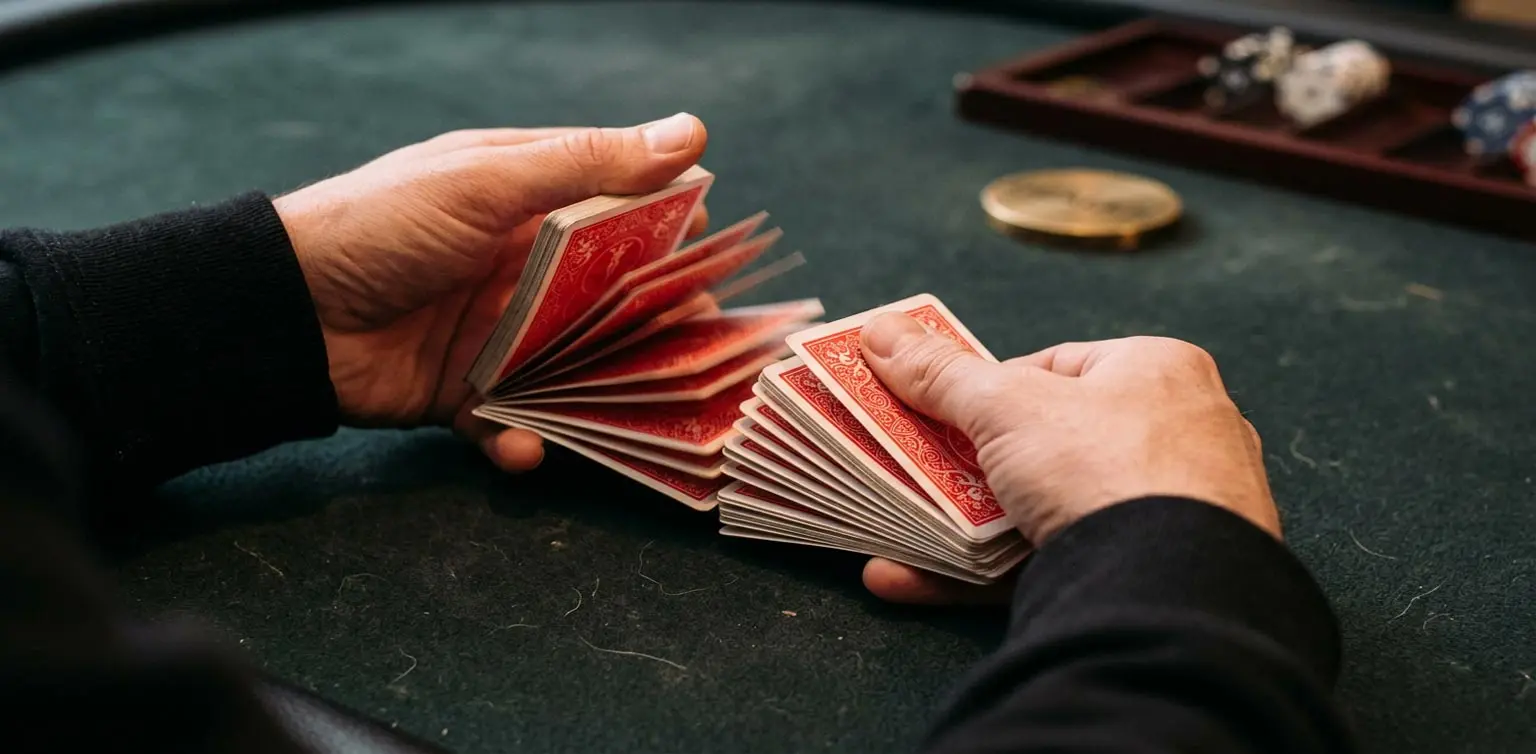A close-up photo of two hands in dark sleeves splitting a red-backed card deck mid-shuffle on a dark felt table