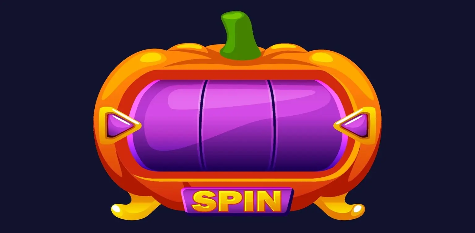 A cartoon illustration of a Halloween pumpkin-shaped slot machine with purple reels and a Spin button on a dark background