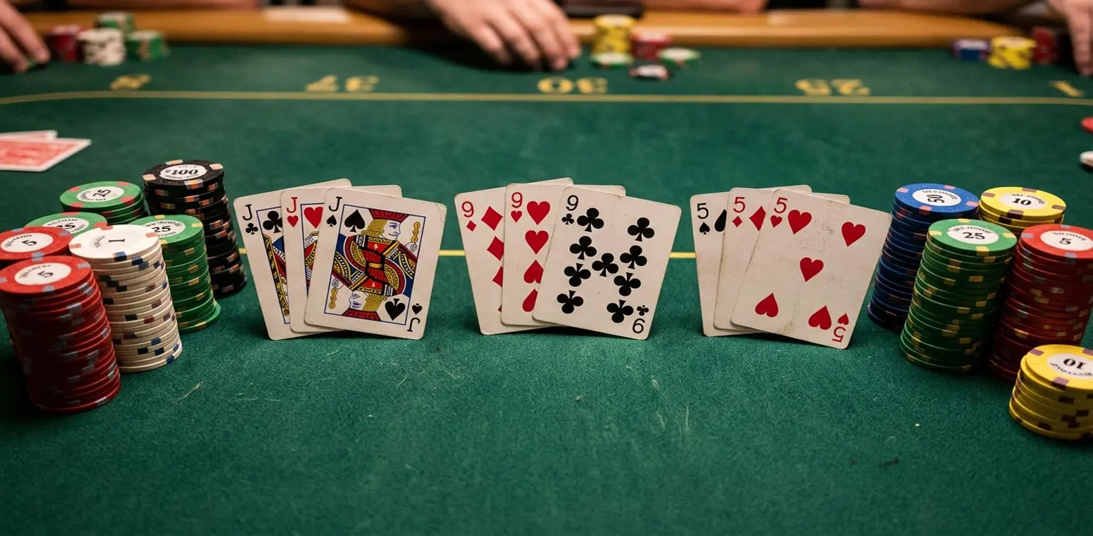 A close-up photo of three fanned three-of-a-kind playing cards flanked by colorful poker chip stacks on green felt