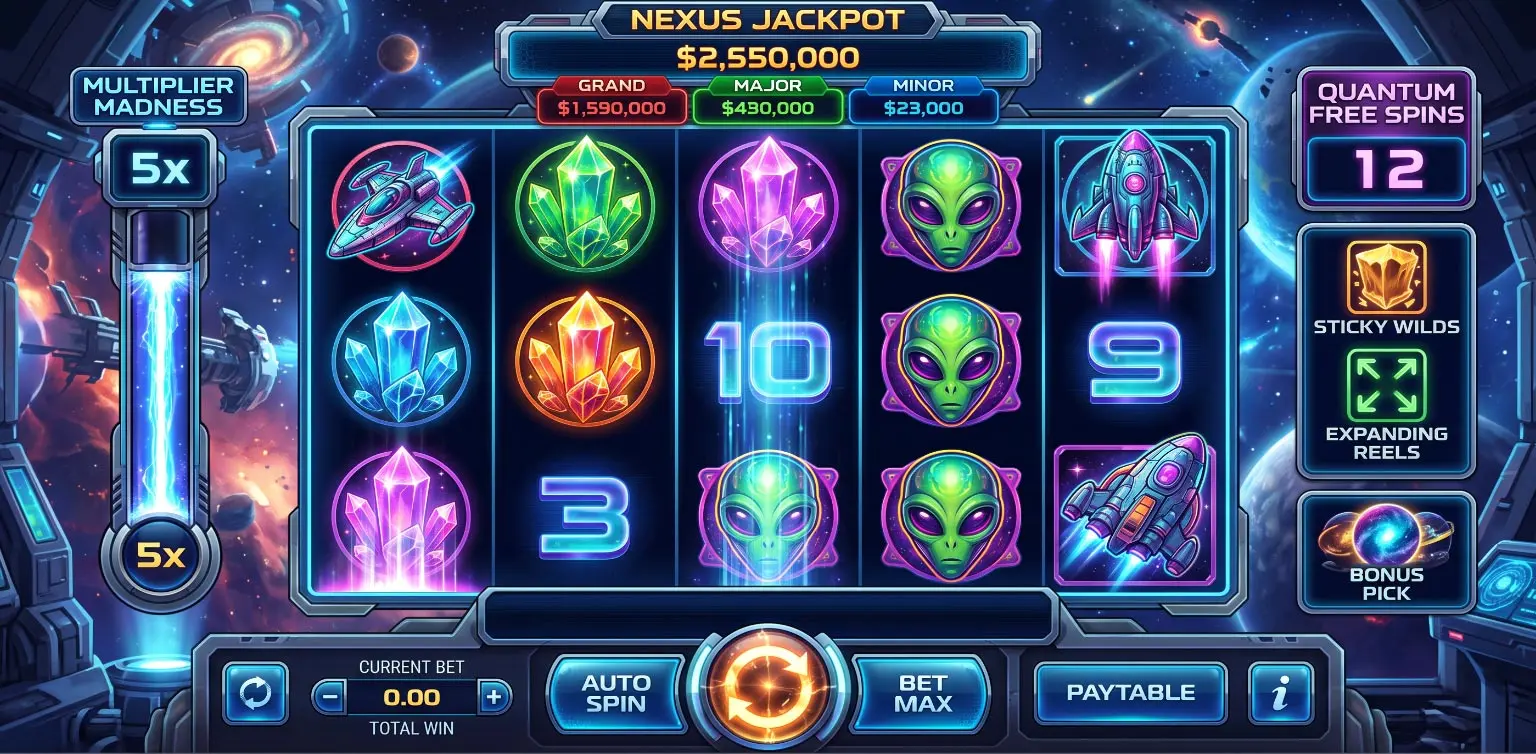 Online casino slot machine with many features shown