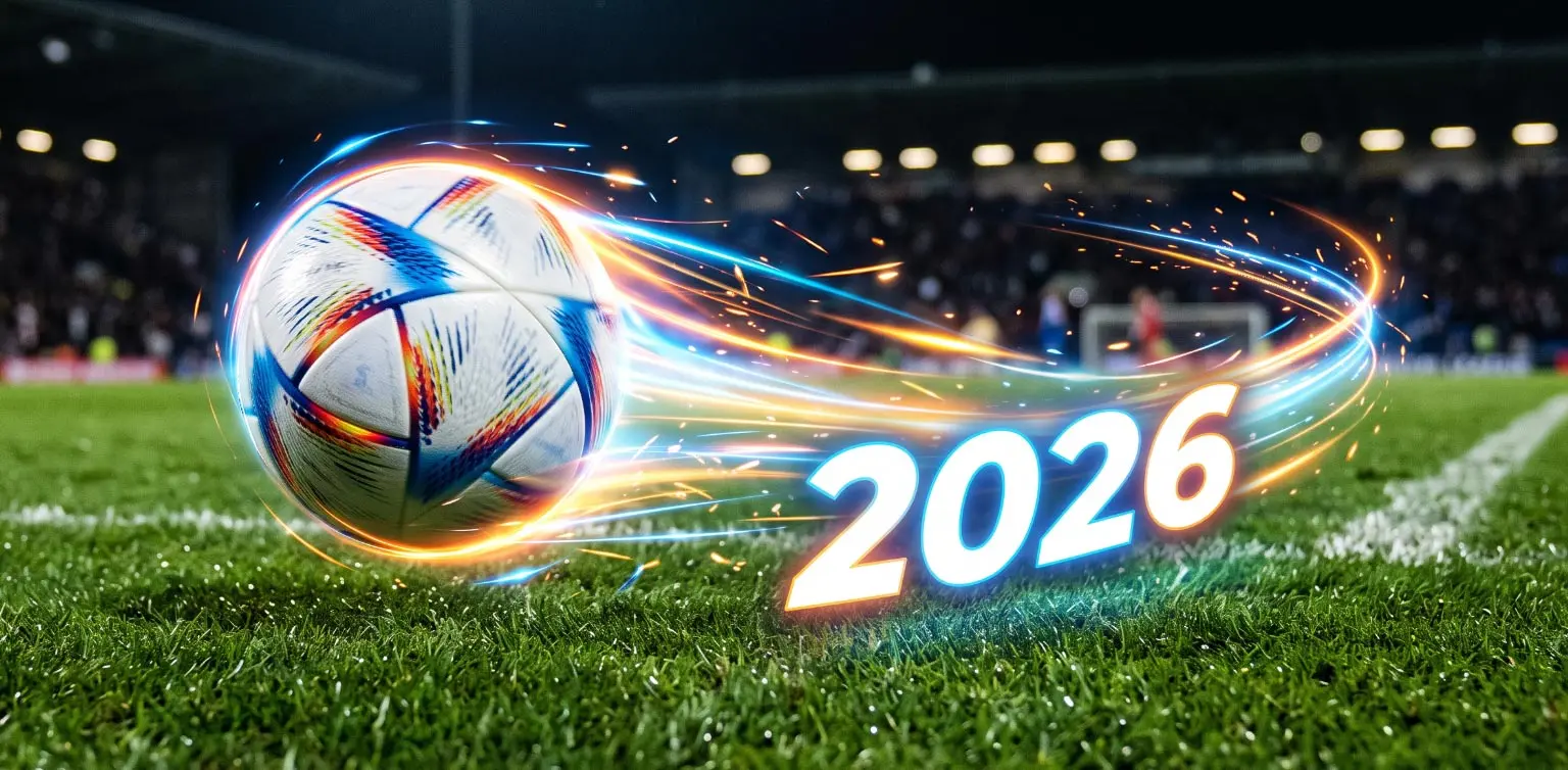 A photo-realistic image of a soccer ball with glowing light trails and "2026" text on a green grass background